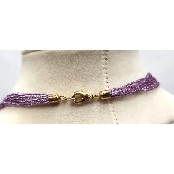 Dichroic Glass Pendant On Multi Strand Seed Amythest Necklace, Purple/Yelllow - Picture 4 of 5